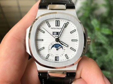 NAUTILUS 5726 COMPLICATED SS 1:1 BEST EDITION BLACK WHITE DIAL ON BLACK LEATHER STRAP A324