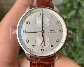 PORTUGUESE CHRONO IW371604 ZF 1:1 BEST EDITION WHITE DIAL ON BROWN LEATHER STRAP A69355