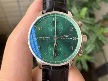 PORTUGIESER CHRONOGRAPH IW371615 YLF BEST EDITION GREEN DIAL ON BLACK LEATHER STRAP 7750 (SLIM MOVEMENT)