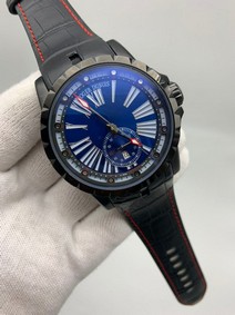 Roger Dubuis Excalibur Blue Dial Rome Numbers On Black Leather Strap