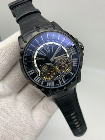 Roger Dubuis Excalibur Dual Tourbion Black Dial Rome Numbers On Black Leather Strap
