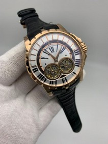 Roger Dubuis Excalibur Dual Tourbion White Dial Rome Numbers On Black Leather Strap