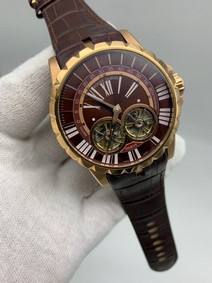 Roger Dubuis Excalibur Dual Tourbion Red Dial Rome Numbers On Black Leather Strap