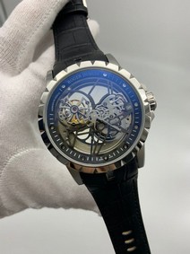 Roger Dubuis Excalibur Dual Tourbion White Dial Rome Numbers On Black Leather Strap