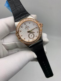 Omega Diamond Black Leather Strap Gold