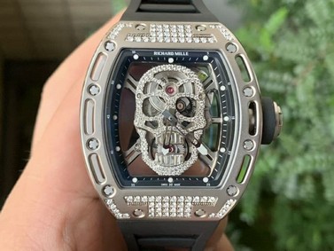 RM052 Polished SS Full Paved Diamonds Skull Dial on Black Rubber Strap MIYOTA8215