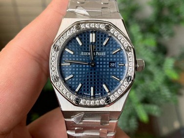 Lady Royal Oak 33mm YG JF 1:1 Best Edition Blue Dial Diamonds Bezel on SS Bracelet Swiss Quartz