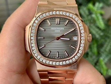 Nautilus Jumbo 5711R RG PF 1:1 Best Edition Brown Textured Dial Diamonds Bezel on RG Bracelet A324 Clone
