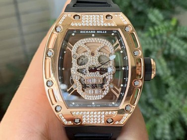RM052 Polished RG Full Paved Diamonds Skull Dial on Black Rubber Strap MIYOTA8215