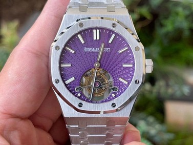 Royal Oak PVD Tourbillon R8F v2 Best Edition SS Sunburst Tapisserie Purple Dial on PVD Bracelet (Copy)