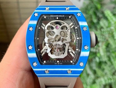 RM052-01 Tourbillon PVD Blue Bezel JBF Best Edition Skeleton Dial on Gray Rubber Strap