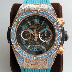 Big Bang Unico Diamond HBF 1:1 Best Edition Gold Skeleton Dial Rainbow Bezel on Blue Rubber Strap A1242