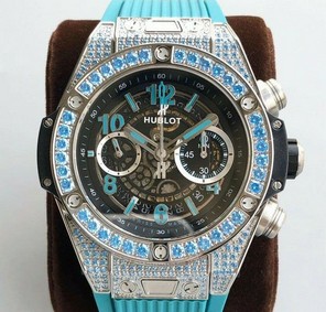 Big Bang Unico Diamond HBF 1:1 Best Edition SB Skeleton Dial Rainbow Bezel on Blue Rubber Strap A1242