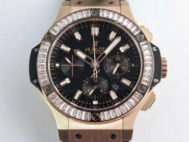 Big Bang 44mm SS Gold Dial Diamond Bezel on Black Leather Strap HUB4104