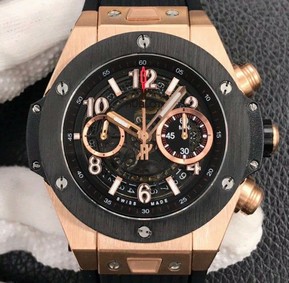 Big Bang Unico 45.5mm SS Gold Bezel Skeletonal Dial on Black Rubber Strap HUB1220