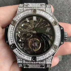 Big Bang Diamond Gold Bezel Skeleton Tourbillon on Black Rubber Strap