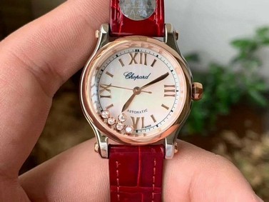 Happy Sport 36mm SS OXF 1:1 Best Edition Pink Dial Diamonds RG Bezel on Red Leather Strap A2892