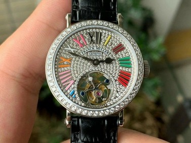 Color Dreams Tourbillon SS Diamond Roman Numerals Markers on Black Croco Leather Strap