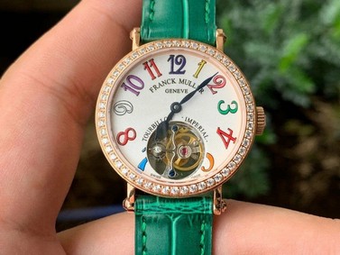 Color Dreams Tourbillon RG Diamond Bezel Arabic Numerals Markers on Green Croco Leather Strap