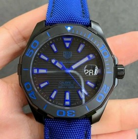 Aquaracer Calibre 5 PVD 43mm OXF 1:1 Best Edition Ceramic Bezel Black Dial on Blue Nylon Strap SW200