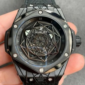 Big Bang Unico Sang Bleu Titanium Black HBF Skeleton Dial on Black Gummy Strap HUB1213