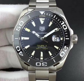 Aquaracer Calibre 5 SS 43mm KOR 1:1 Best Edition Black Ceramic Bezel Black Dial on SS Bracelet SW200