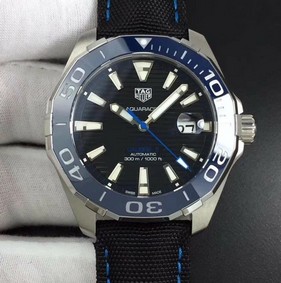 Aquaracer Calibre 5 SS 43mm OXF 1:1 Best Edition Ceramic Bezel Black Dial "Single Blue" on Nylon Strap SW200