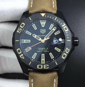Aquaracer Calibre 5 PVD 43mm OXF 1:1 Best Edition Ceramic Bezel Black Dial on Brown Nylon Strap SW200