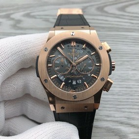 Hublot Chrono Gold Black Hight Version on Black Leather Strap