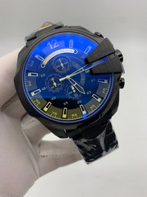 Diesel Full Black Yellow Numbers On Black Leather Strap Mega Shief