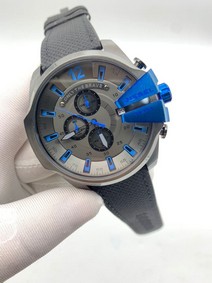 Diesel Full Grey Case Blue On Grey Leather Strap
