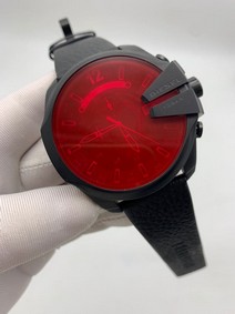 Diesel Full Black On Black Leather Strap Mega Shief Red Glass