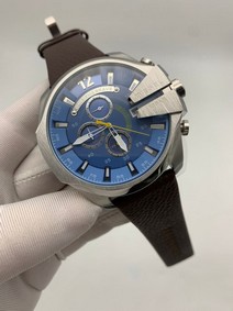 Diesel Grey Case Blue Dial On Black Leather Strap