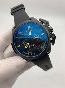 Diesel Full Black Yellow Numbers On Black Leather Strap