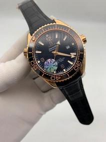 Omega Seamaster Black Dial Gold Case on Black Leather Strap