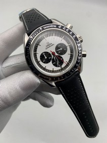 Omega Speedmaster Chrono Black White on Black Leather Strap
