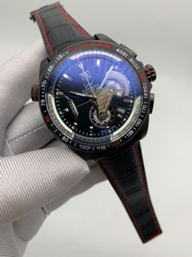 Tag Heuer Black Red Dial Carrera on Black Leather Strap