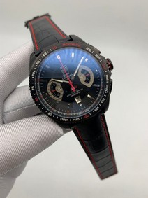 Tag Heuer Black Red Dial Chrono on Black Leather Strap