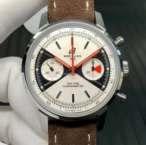 Top Time Chrono SS GF 1:1 Best Edition White Dial on Brown Leather Strap