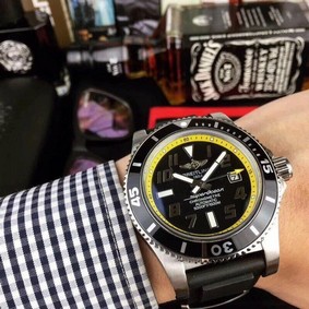 Breitling Superocean Black Yellow Dial on Black Rubber Strap