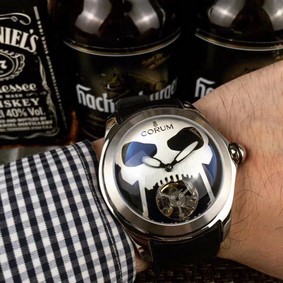 Corum Babble Case Silver Skull on Black Leather Strap