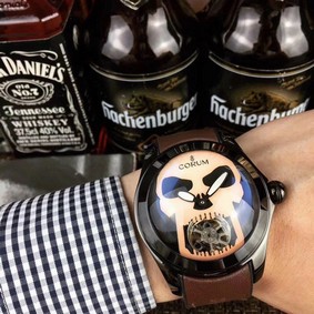 Coru Babble Case Black Skull on Brown Leather Strap