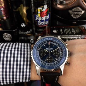 Breitling Navitimer Black Blue Dial on Black Leather Strap