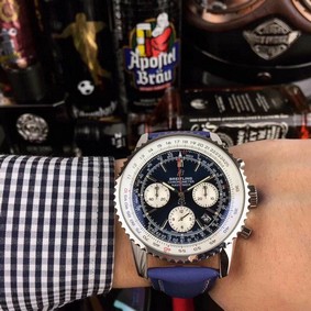 Breitling Navitimer Black Blue Dial on Black Leather Strap