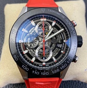 Calibre Heuer 01 Chrono SS/PVD XF 1:1 Best Edition Skeleton Dial Red Hand on Red Rubber Strap