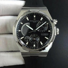 Overseas Dual Time Power Reserve TWA 1:1 Best Edition Black Dial on Black Leather Strap