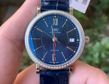 Portofino 37mm SS V7F 1:1 Best Edition Blue Dial Diamonds Bezel on Blue Leather Strap