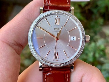 Portofino 37mm SS V7F 1:1 Best Edition White Dial Diamonds Bezel on Brown Leather Strap