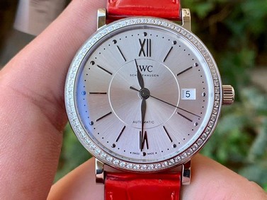 Portofino 37mm SS V7F 1:1 Best Edition White Dial Diamonds Bezel on Red Leather Strap
