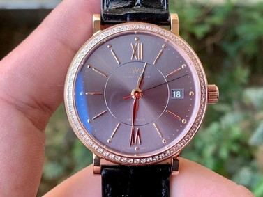 Portofino 37mm RG V7F 1:1 Best Edition Gray Dial Diamonds Bezel on Black Leather Strap